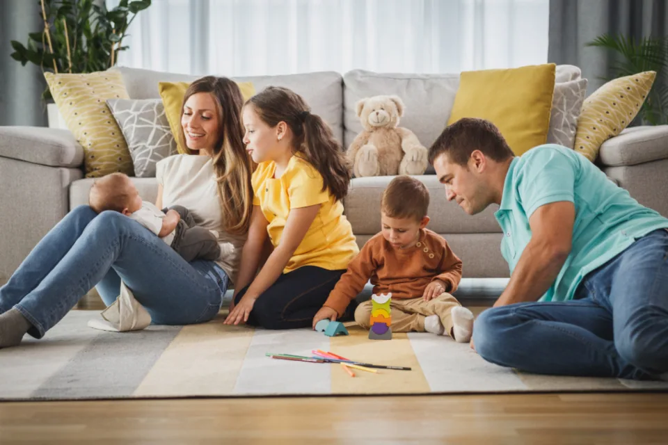 Editorial lifestyle photograph for playroom storage children can help use.